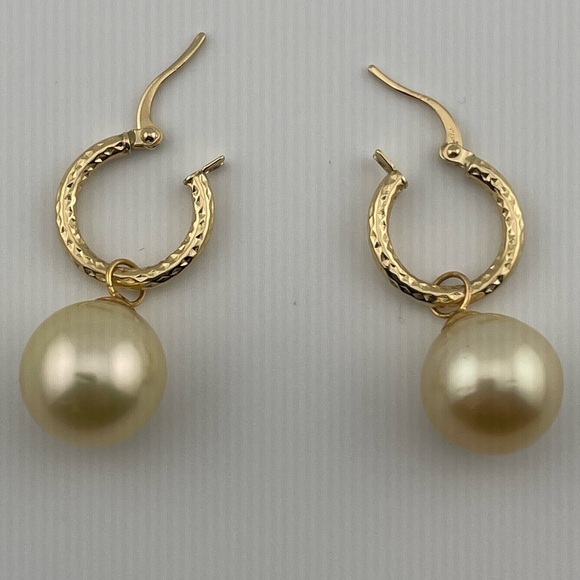 18K Gold Huggies w/ Champagne South Sea Pearl Drops | 12mm - Picture 14 of 16